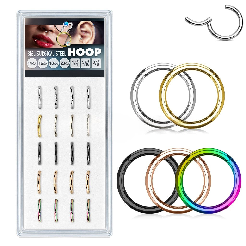 20 Pcs Pre Loaded IP Over 316L Surgical Steel Hinged Seamless Hoop Rings Value Pack Skin Metals