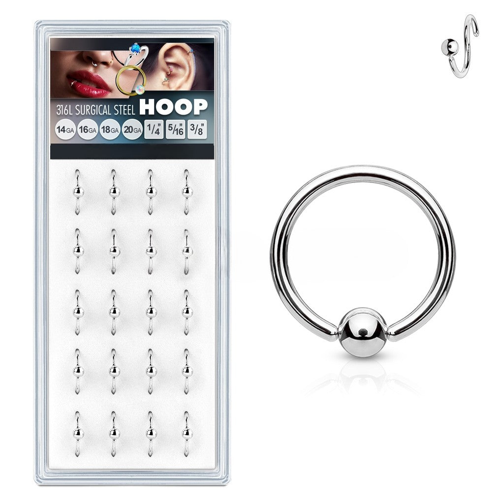 20 Pcs Pre Loaded 316L Surgical Steel Fixed Ball Hoop Rings Pack Value Pack Skin Metals