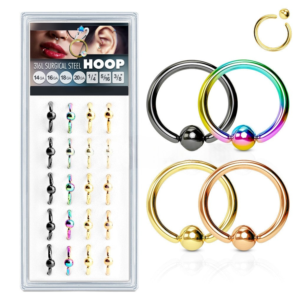 20 Pcs Pre Loaded Box of Titanium Plated Captive Bead Rings for Nose, Ear Cartilage, Lip and More Value Pack Skin Metals