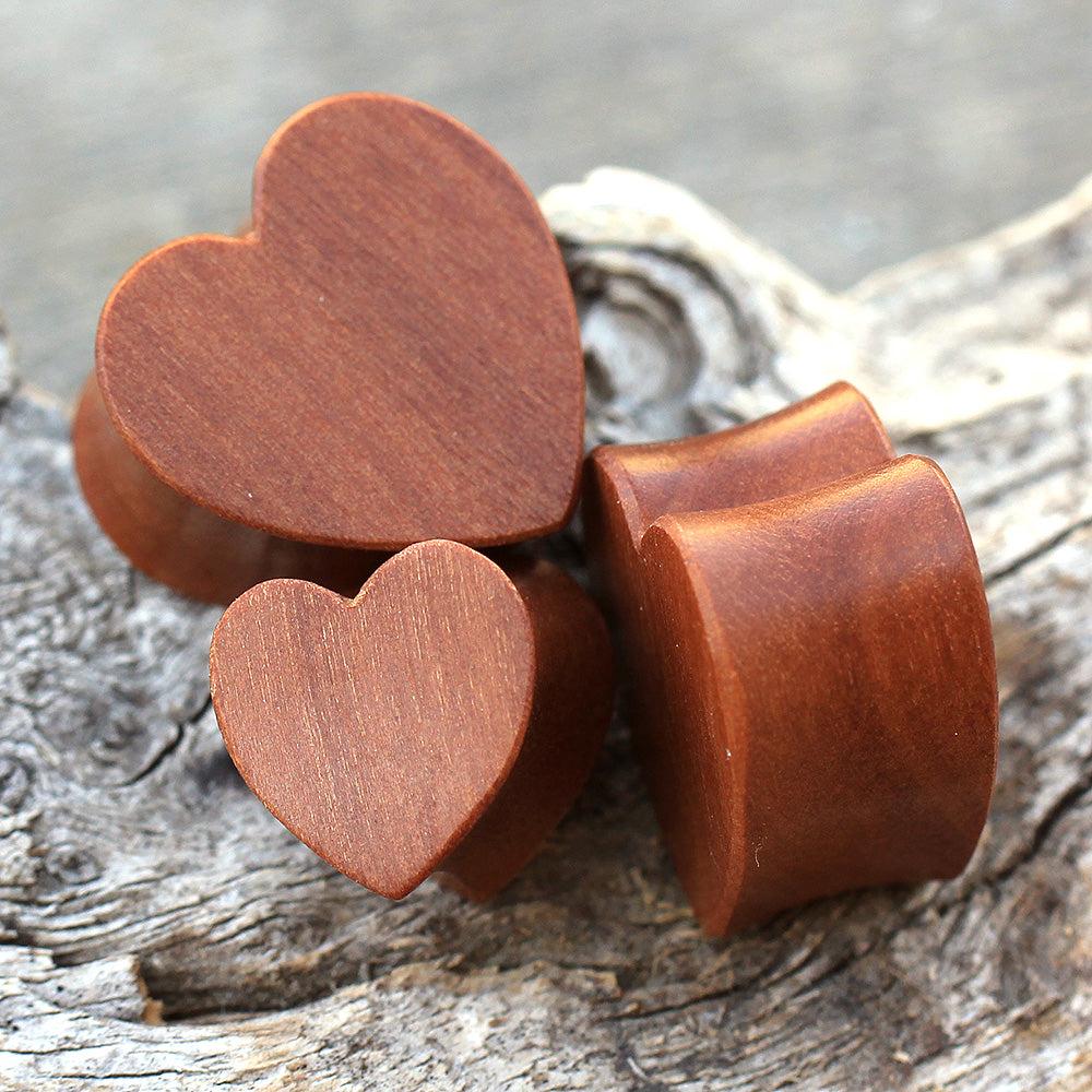 Organic Red Cherry Wood Heart Saddle Plug — Sold as Pair