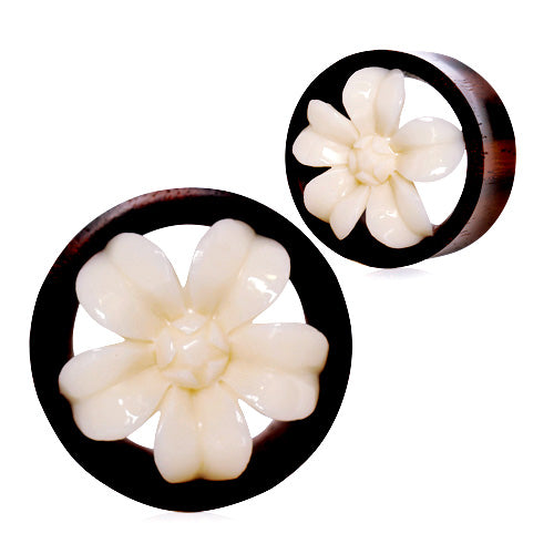 Organic Sono Wood & Buffalo Bone Flower Blossom Tunnel Plug — Sold as Pair