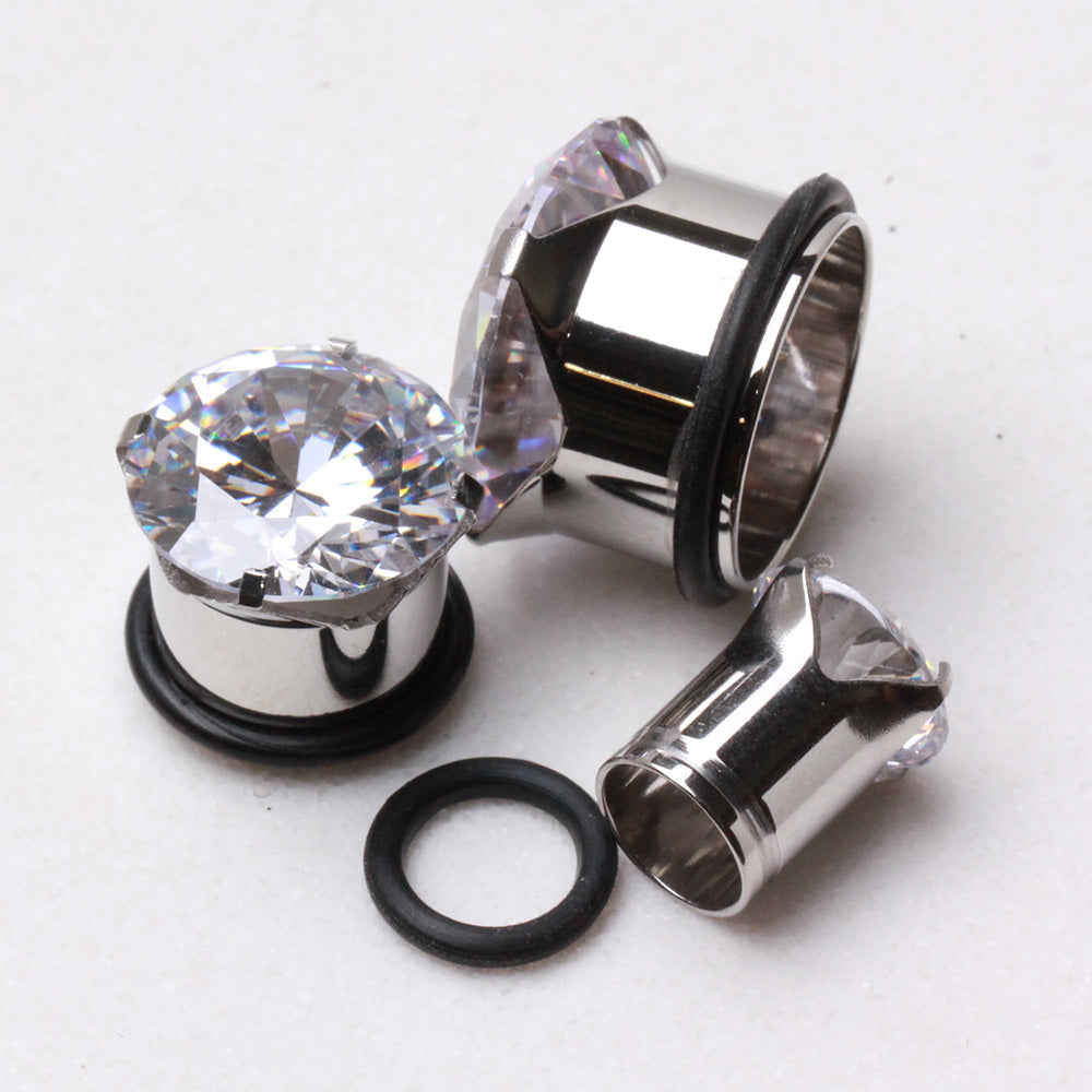 316L Surgical Steel Prong Set CZ Plug with O-Ring — Sold as Pair