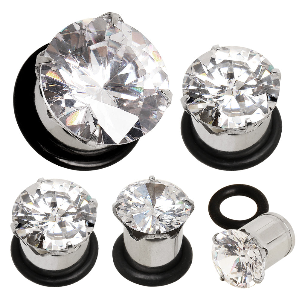 316L Surgical Steel Prong Set CZ Plug with O-Ring — Sold as Pair