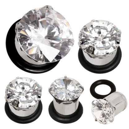 316L Surgical Steel Prong Set CZ Plug with O-Ring — Sold as Pair