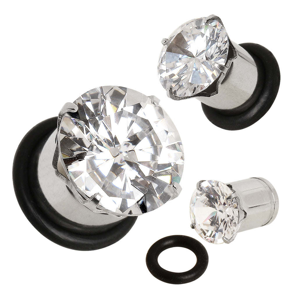 316L Surgical Steel Prong Set CZ Plug with O-Ring — Sold as Pair