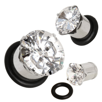 316L Surgical Steel Prong Set CZ Plug with O-Ring — Sold as Pair