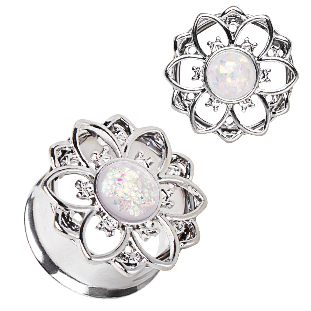 316L Stainless Steel Flower Tunnel Plug with White Opal — Sold as Pair