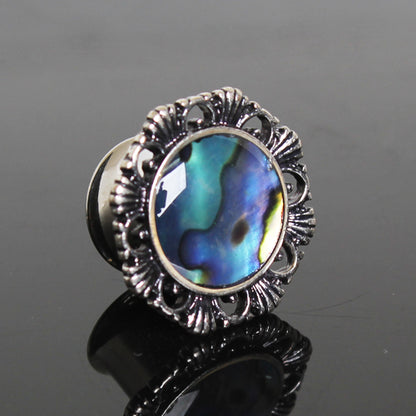 316L Stainless Steel Ornate Plug with Natural Abalone Inlay — Sold as Pair