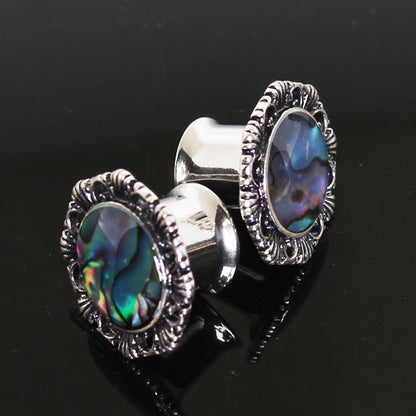 316L Stainless Steel Ornate Plug with Natural Abalone Inlay — Sold as Pair
