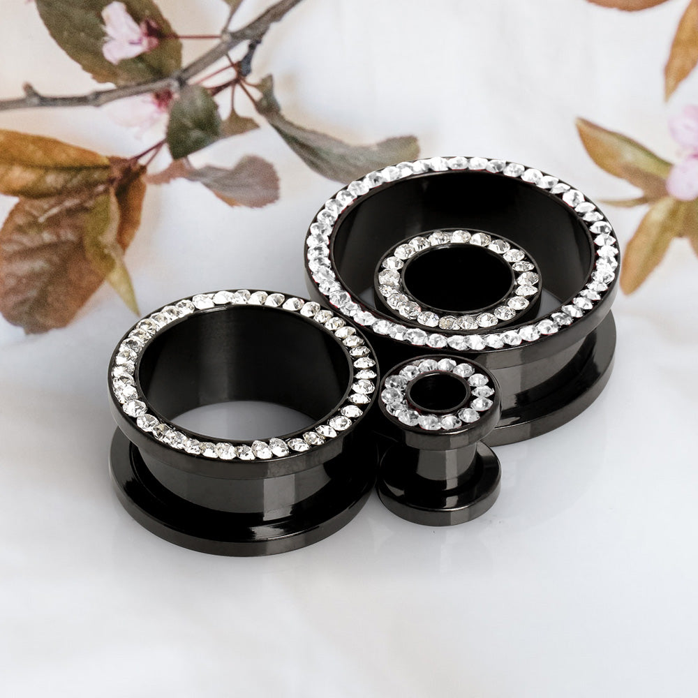 Black PVD Plated Multi CZ Screw Fit Tunnel Plug — Sold as Pair - Skin Metals