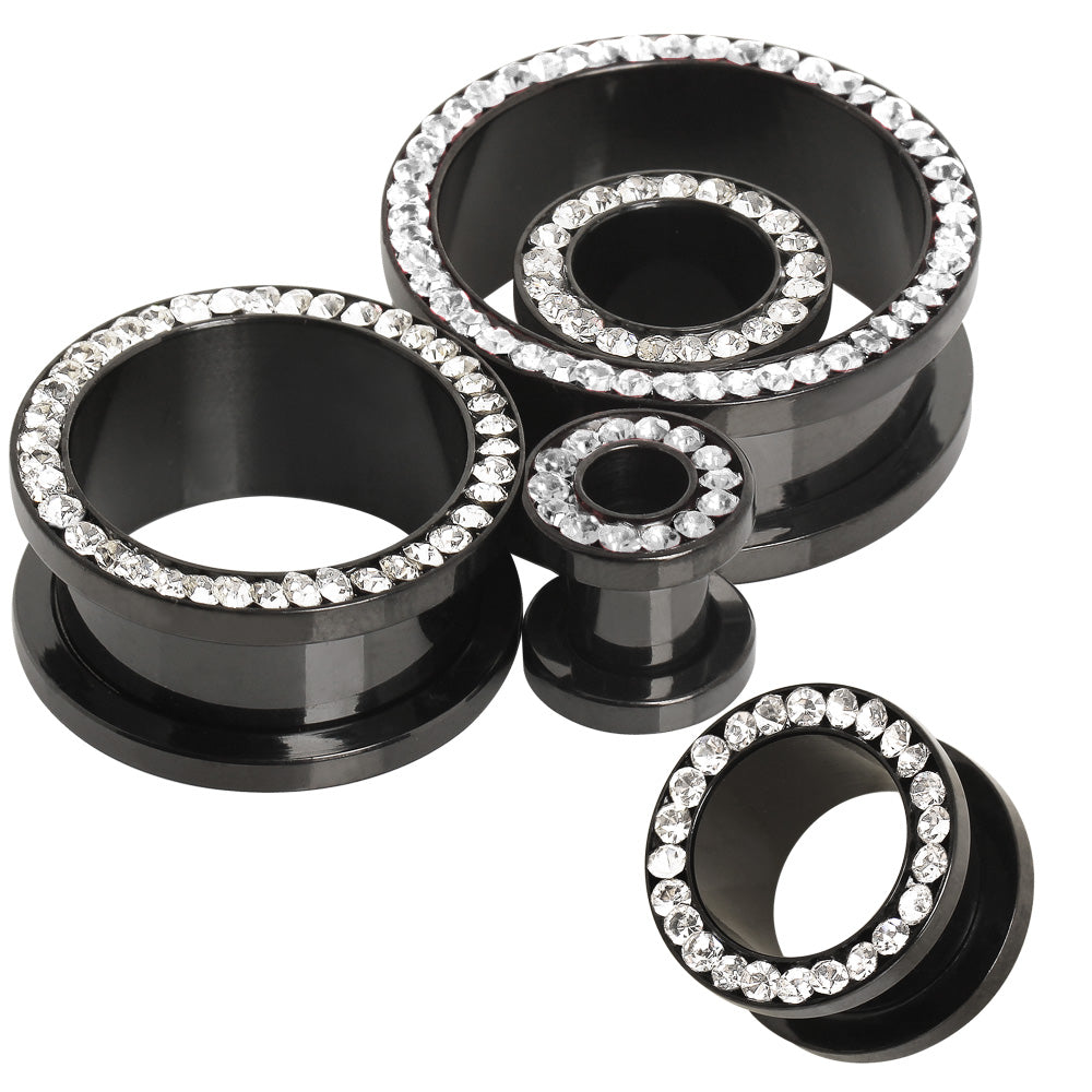 Black PVD Plated Multi CZ Screw Fit Tunnel Plug — Sold as Pair - Skin Metals