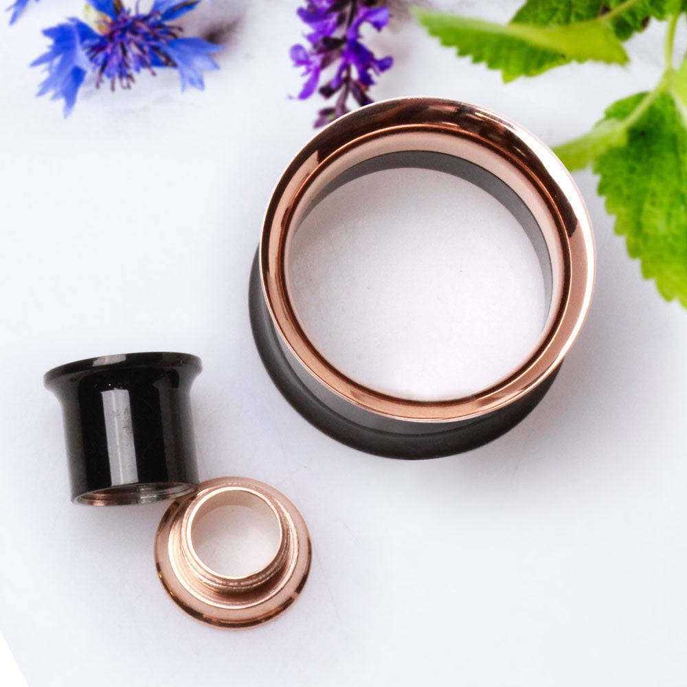 2-in-1 Black PVD & Rose Gold Screw Tunnel Plug — Sold as Pair