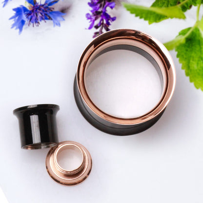 2-in-1 Black PVD & Rose Gold Screw Tunnel Plug — Sold as Pair