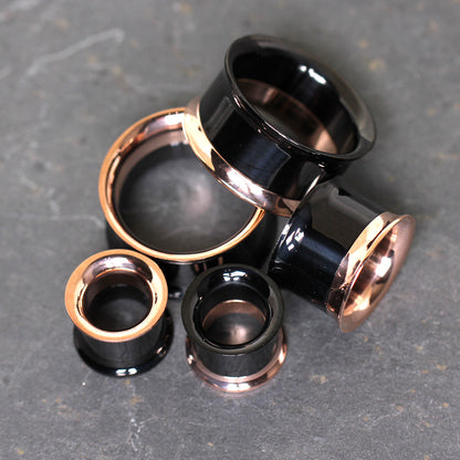2-in-1 Black PVD & Rose Gold Screw Tunnel Plug — Sold as Pair