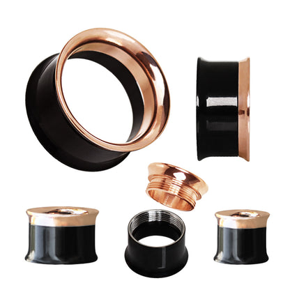 2-in-1 Black PVD & Rose Gold Screw Tunnel Plug — Sold as Pair