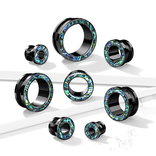 Abalone Rimmed Black PVD over 316L Surgical Steel Screw Fit Tunnel Plugs Impulse Piercings