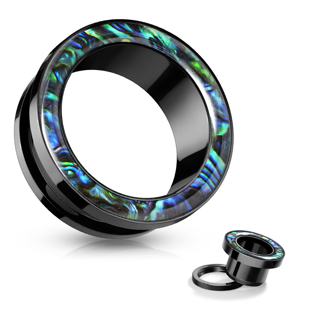 Abalone Rimmed Black PVD over 316L Surgical Steel Screw Fit Tunnel Plugs Impulse Piercings