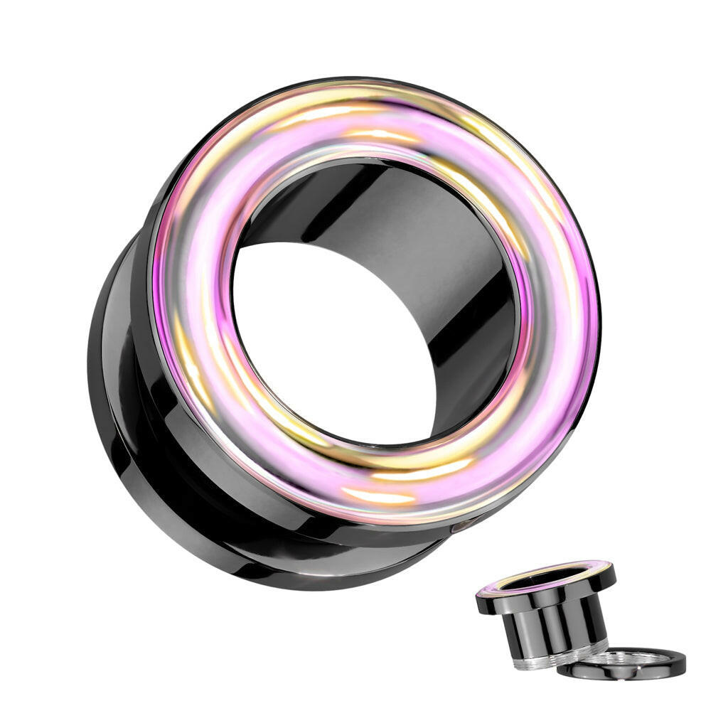 Surgical Steel Black PVD Screw Fit Tunnel With Iridescent Rainbow Rim Plugs Impulse Piercings