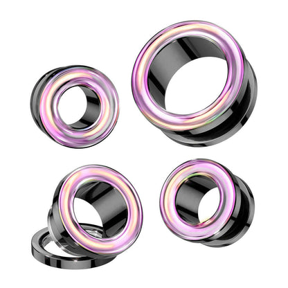 Surgical Steel Black PVD Screw Fit Tunnel With Iridescent Rainbow Rim Plugs Impulse Piercings