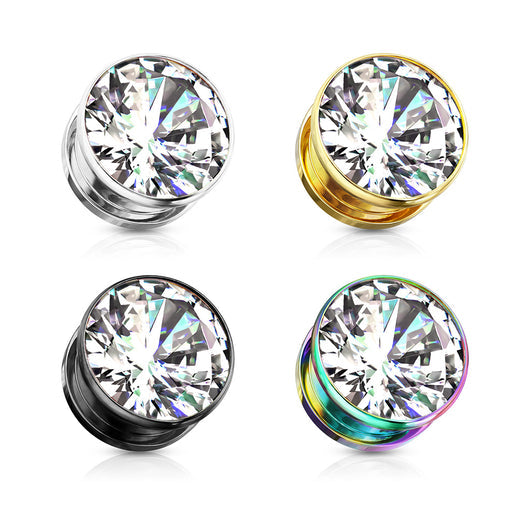 Zircon Bezel Set 316L Surgical Steel Screw Fit Flesh Tunnels Plugs Impulse Piercings