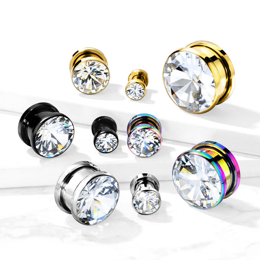 Zircon Bezel Set 316L Surgical Steel Screw Fit Flesh Tunnels Plugs Impulse Piercings