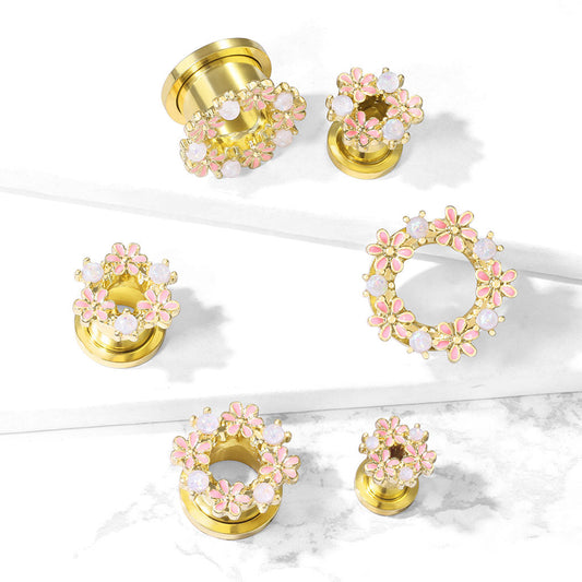 Opalite Stones and Enamel Flowers Gold PVD Over 316L Surgical Steel Screw Fit Flesh Tunnel Plugs Plugs Impulse Piercings