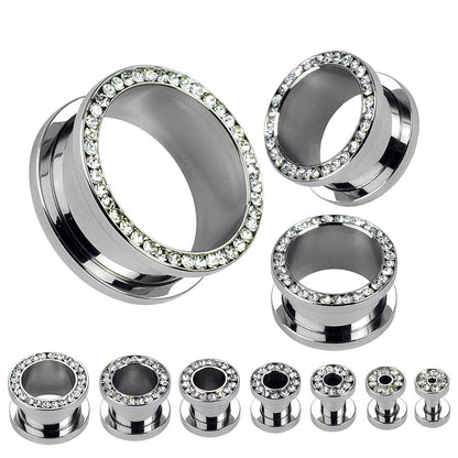 CZ Lined Rim 316L Surgical Steel Screw Fit Flesh Tunnel Plugs Impulse Piercings