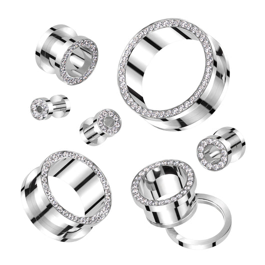 CZ Lined Rim 316L Surgical Steel Screw Fit Flesh Tunnel Plugs Impulse Piercings