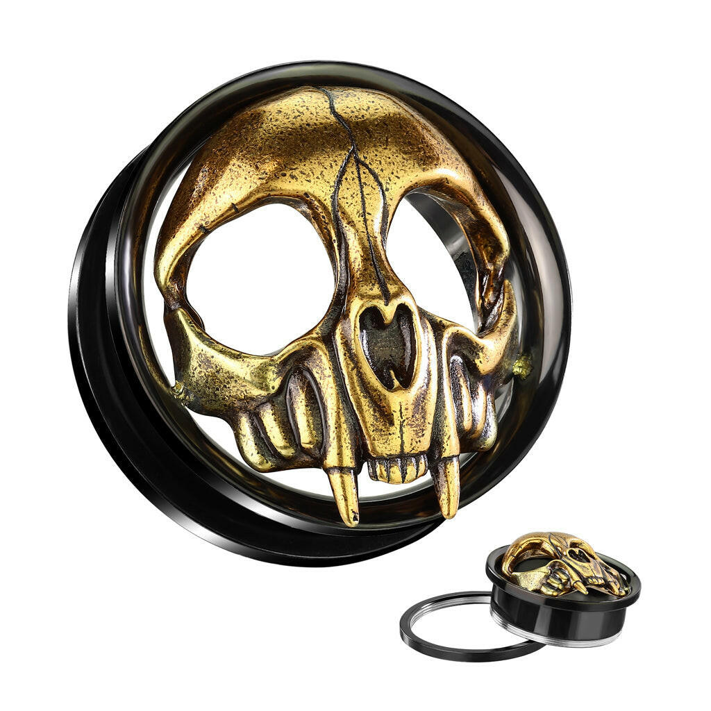 Gold Skull Head Black PVD over 316L Surgical Steel Screw Fit Tunnel Plugs Impulse Piercings