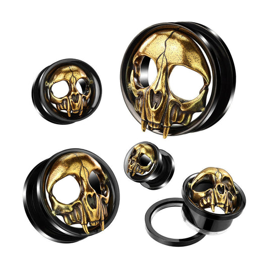 Gold Skull Head Black PVD over 316L Surgical Steel Screw Fit Tunnel Plugs Impulse Piercings