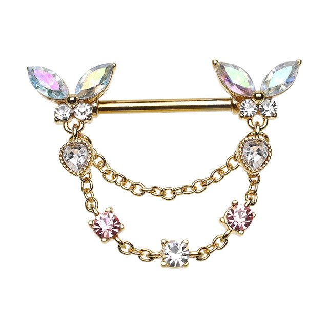 Golden Push Pin Butterfly Heart Drop Dangle Chain Nipple Barbell Ring Nipple Ring Skin Metals