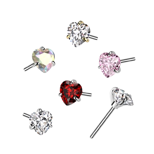 Implant Grade Titanium Threadless Push In Prong Set Heart CZ Top Nose Ring Skin Metals