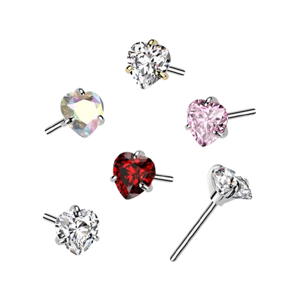 Implant Grade Titanium Threadless Push In Prong Set Heart CZ Top Nose Ring Skin Metals