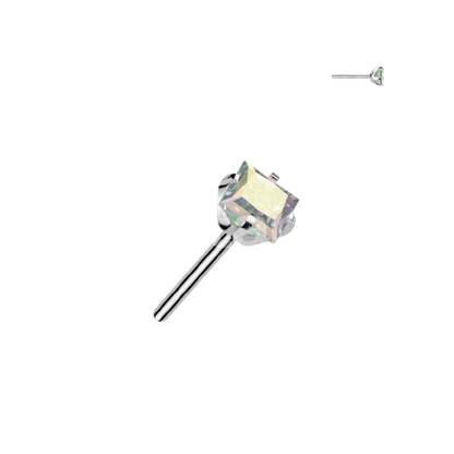 Implant Grade Titanium Threadless Push In Prong Set Square CZ Top Earring Skin Metals