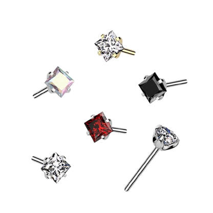 Implant Grade Titanium Threadless Push In Prong Set Square CZ Top Earring Skin Metals