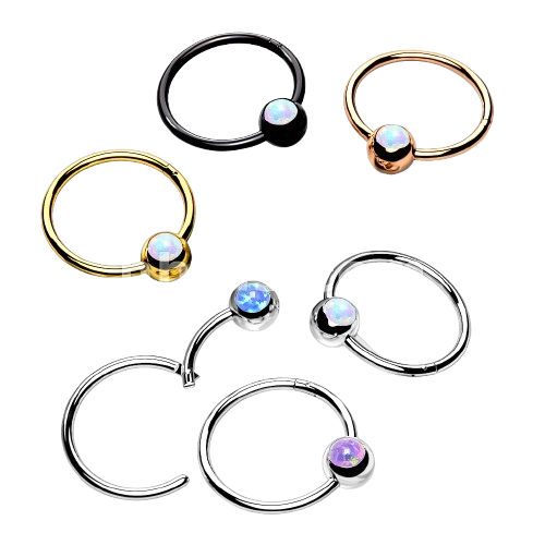 316L Surgical Steel Hinge Hoop Segment Rings with Opal Set Ball for Ear Cartilage, Nose Septum and More Hoop Ring Skin Metals