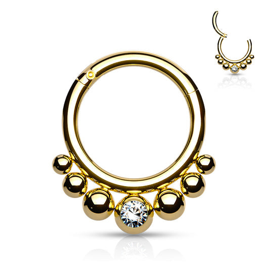 Surgical Steel Segment Hoop Rings with Graduated Balls and Bezel Set Crystal Center Hoop Ring Impulse Piercings 5/16" (8mm) Gold