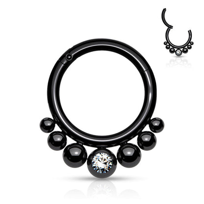 Surgical Steel Segment Hoop Rings with Graduated Balls and Bezel Set Crystal Center Hoop Ring Impulse Piercings 5/16" (8mm) Black