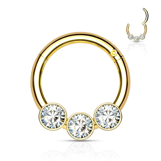 Elegant Triple Crystal Bezel Hinged Segment Hoop Rings in 316L Surgical Steel Hoop Ring Impulse Piercings Gold