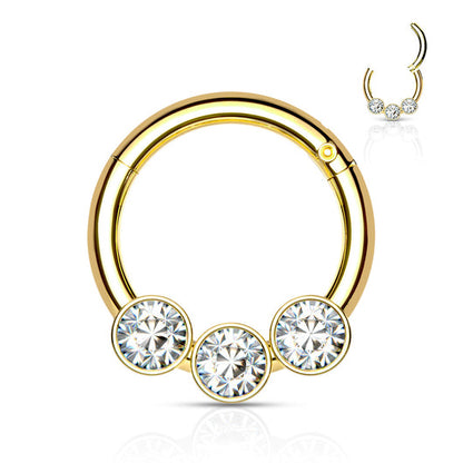 Elegant Triple Crystal Bezel Hinged Segment Hoop Rings in 316L Surgical Steel Hoop Ring Impulse Piercings Gold