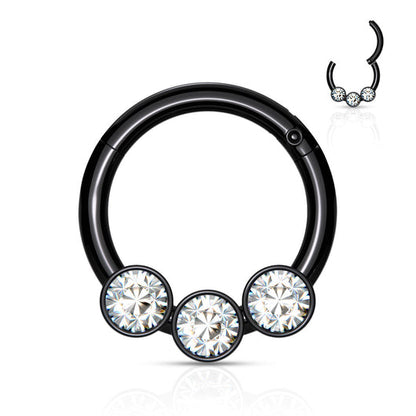 Elegant Triple Crystal Bezel Hinged Segment Hoop Rings in 316L Surgical Steel Hoop Ring Impulse Piercings Black