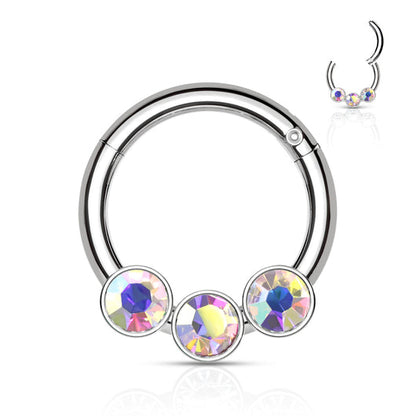 Elegant Triple Crystal Bezel Hinged Segment Hoop Rings in 316L Surgical Steel Hoop Ring Impulse Piercings Aurora Borealis