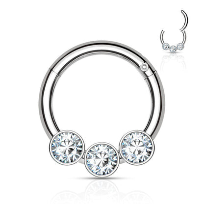 Elegant Triple Crystal Bezel Hinged Segment Hoop Rings in 316L Surgical Steel Hoop Ring Impulse Piercings Steel/Clear