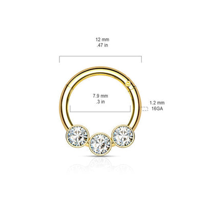 Elegant Triple Crystal Bezel Hinged Segment Hoop Rings in 316L Surgical Steel Hoop Ring Impulse Piercings