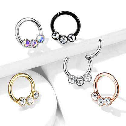 Elegant Triple Crystal Bezel Hinged Segment Hoop Rings in 316L Surgical Steel Hoop Ring Impulse Piercings