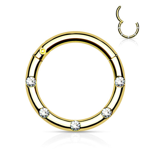 Surgical Steel Hinged Segment Hoop Rings with 5 Flush Set Front Facing Petite Crystals Hoop Ring Impulse Piercings Gold 5/16" (8mm)