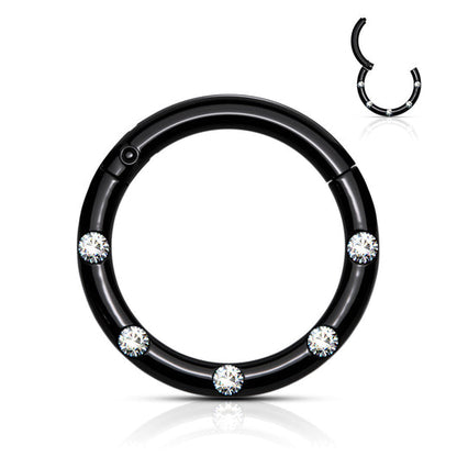 Surgical Steel Hinged Segment Hoop Rings with 5 Flush Set Front Facing Petite Crystals Hoop Ring Impulse Piercings Black 5/16" (8mm)