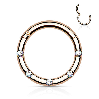 Surgical Steel Hinged Segment Hoop Rings with 5 Flush Set Front Facing Petite Crystals Hoop Ring Impulse Piercings Rose gold 5/16" (8mm)