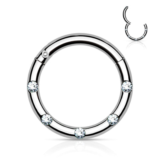 Surgical Steel Hinged Segment Hoop Rings with 5 Flush Set Front Facing Petite Crystals Hoop Ring Impulse Piercings