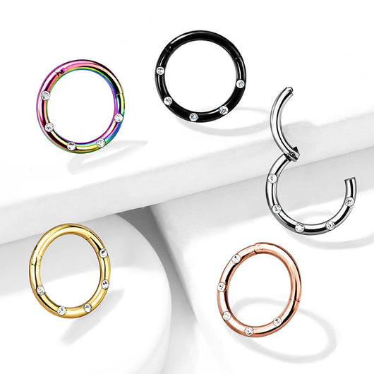 Surgical Steel Hinged Segment Hoop Rings with 5 Flush Set Front Facing Petite Crystals Hoop Ring Impulse Piercings